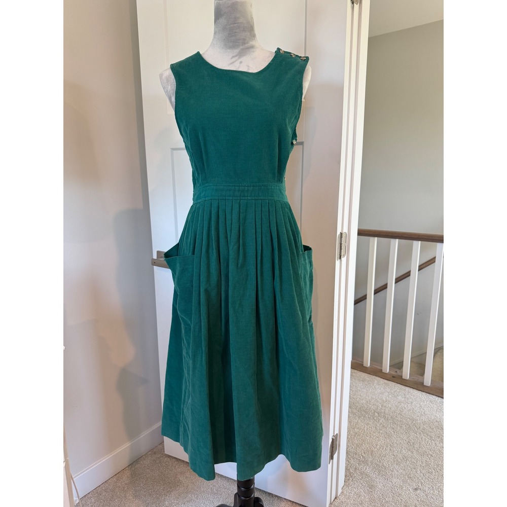 LL Bean Vintage Corduroy Jumper house Dress Green Side Button Pleated Midi 6P